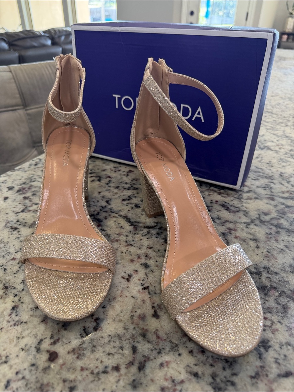 TOP Moda Glitter Ankle-Strap Block Heels in Champagne Gold